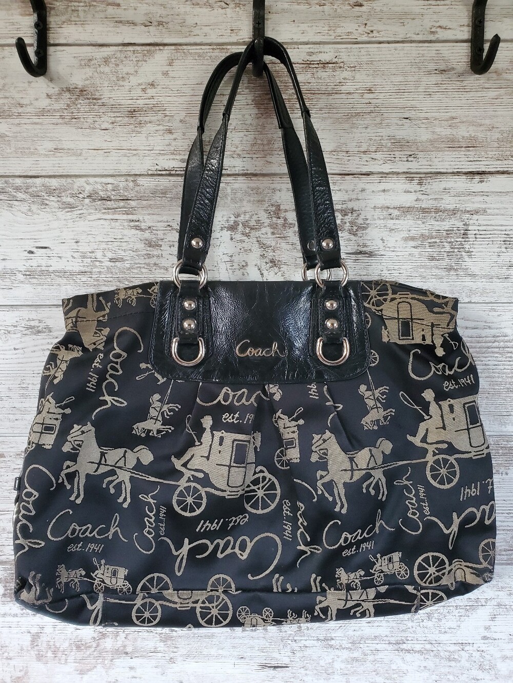 COACH Ashley Black Horse & Carriage Carryall Satchel Bag F15656 Sateen Canvas